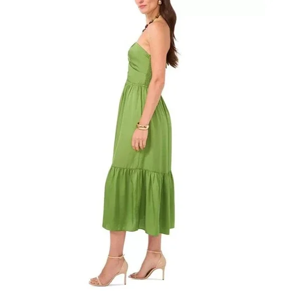1.STATE Women's Beaded Halter Neck elasticized waist Midi Dress Pockets Green 2 - Picture 4 of 13